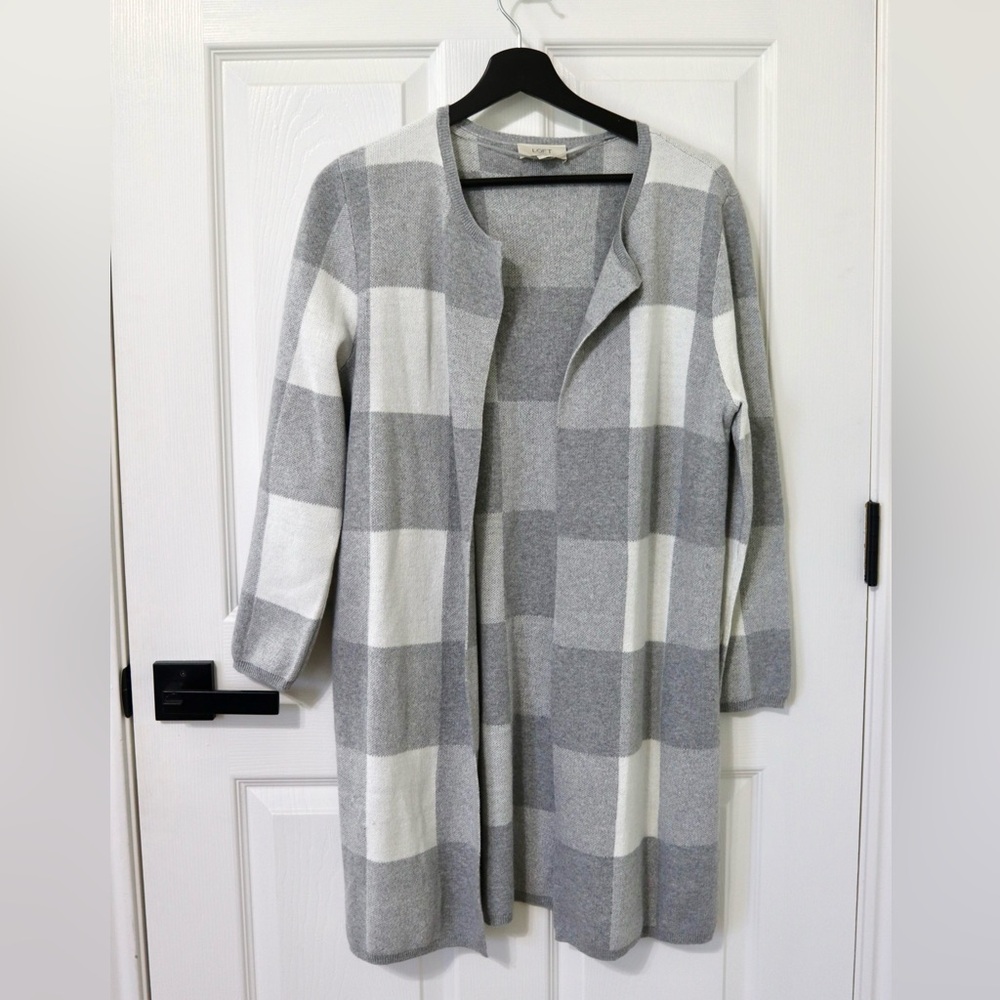 LOFT Gray & White Buffalo Check Open Cardigan 100% cotton